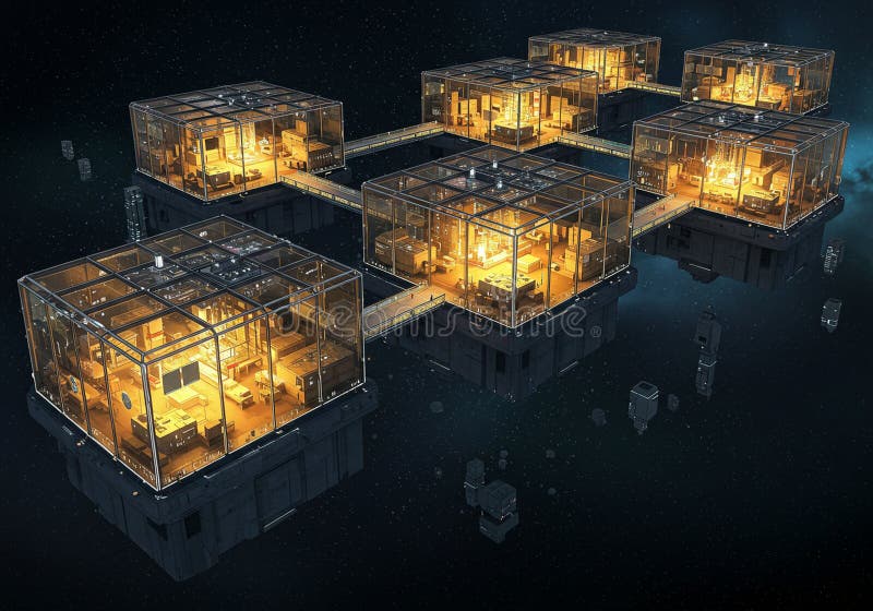 Floating in space, a cluster of six interconnected glass cubes is seen, each royalty free illustration