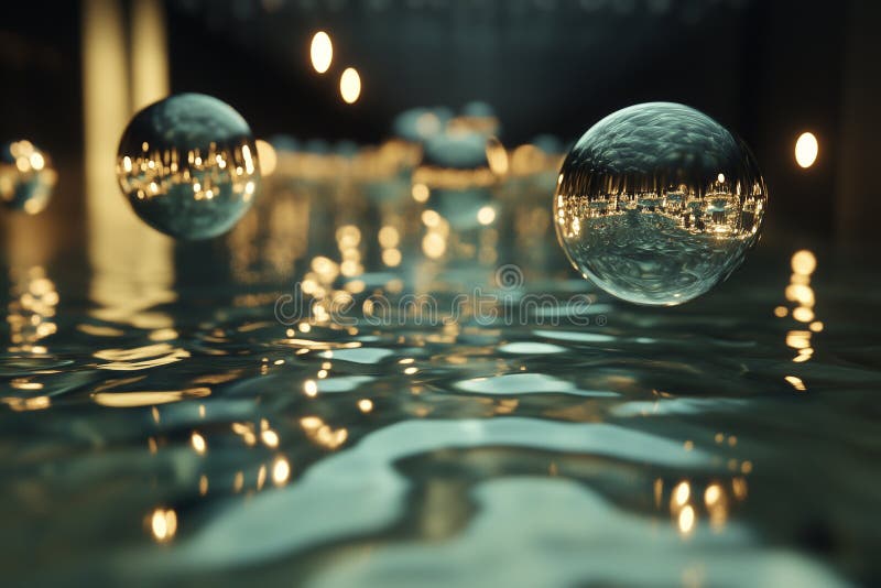 Floating spheres create a mesmerizing illusion in an inverted gravity well at twilight stock photos