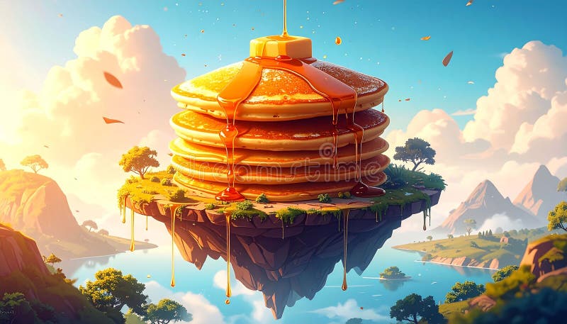 Floating stack of pancakes over a landscape stock illustration