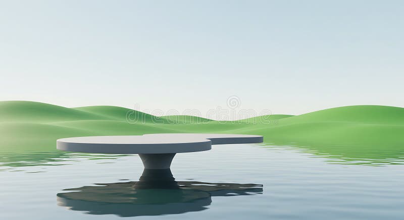 Floating structure resembling a wide, flat platform rests on a calm water surface royalty free illustration