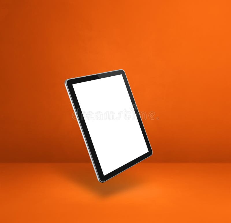 Floating tablet pc computer isolated on orange. Square background. Blank tablet pc computer floating over an orange background. 3D isolated illustration. Square template