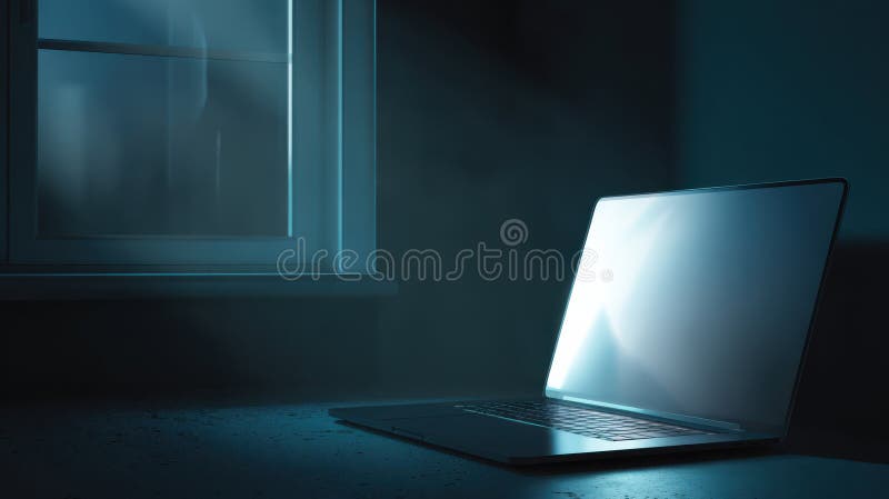 Floating UI projections illuminate a clean desktop with a closed laptop under ambient light stock photo