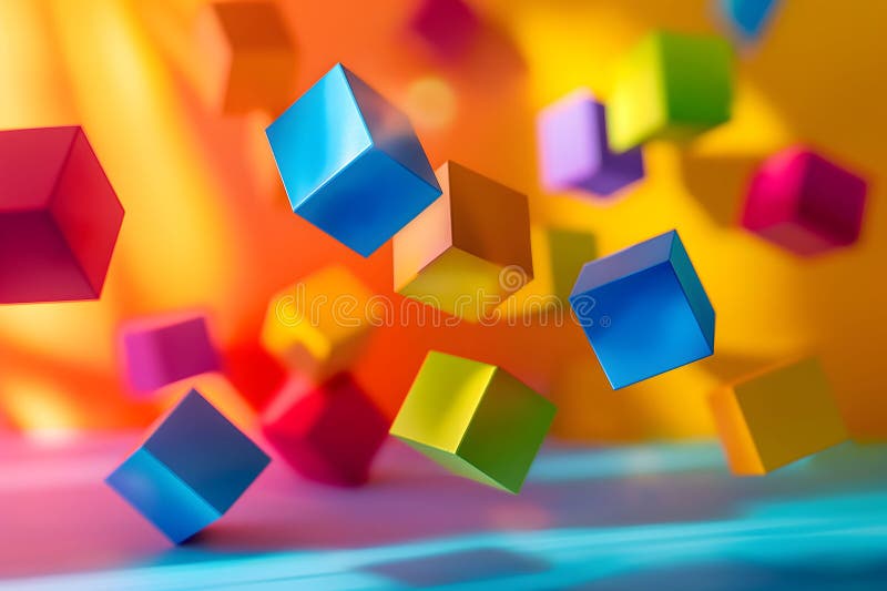 Floating vibrant cubes in a dynamic colorful environment with a bright orange and yellow gradient background stock illustration