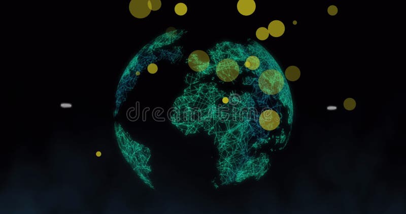 Floating wireframe globe hovering in dark virtual space, with yellow translucent data points stock image