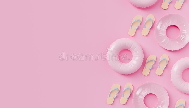 Floats and flip flops with copy space. Banner with floats and flip flops aligned on one side with space for text. summer concept. 3d rendering