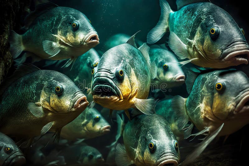 Flock of aggressive piranhas swims in river water in sun&#x27;s glare, created with generative ai
