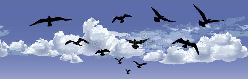 Flock of bird flying Blue sky background. Animal wildlife