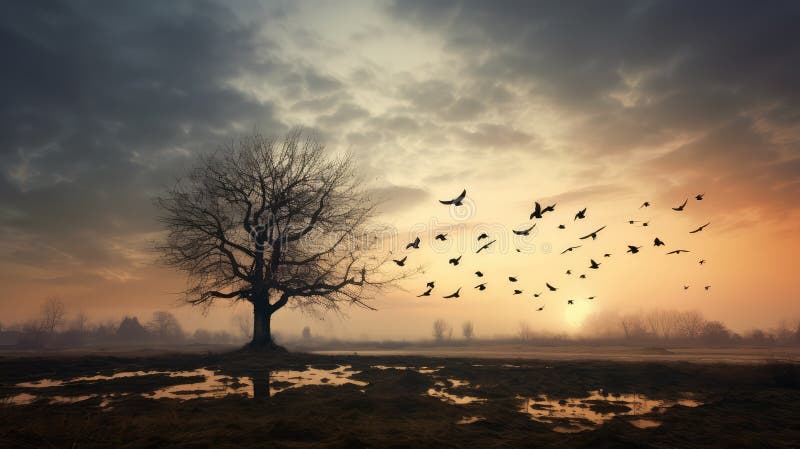 Flock bird in tree vector illustration