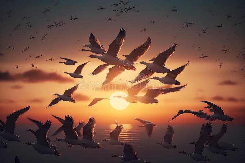 A Flock of Royal Birds Flying in Formation Toward the Sunrise Stock A Flock of Royal Birds Flying in Formation Toward the Sunrise Stock