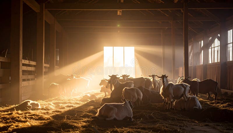 Golden Light Rays Illuminate Sheep in a Rustic Barn stock illustration