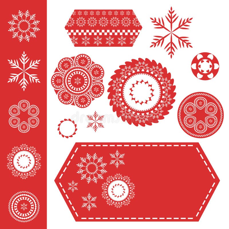 Flocons de neige de Noël ou éléments de conception de dentelle sur l'étiquette rouge avec les stiches blancs illustration stock Flocons de neige de Noël ou éléments de conception de dentelle sur l'étiquette rouge avec les stiches blancs illustration stock