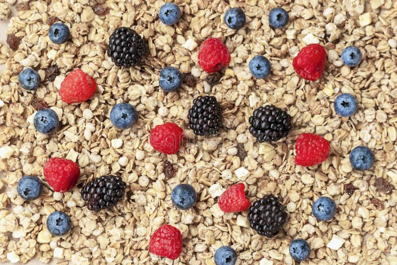 Flocons, granola, muesli et baies d'avoine Framboise, myrtilles, mûres en gros plan sur le fond du muesli Sain image libre de droits Flocons, granola, muesli et baies d'avoine Framboise, myrtilles, mûres en gros plan sur le fond du muesli Sain image libre de droits