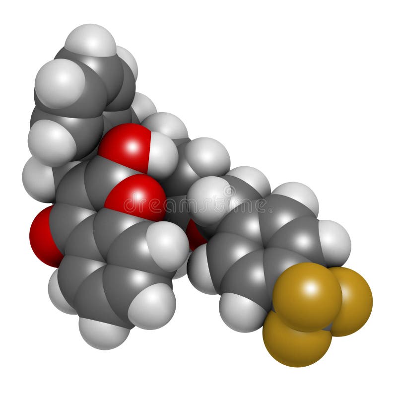 Flocoumafen rodenticide molecule (vitamin K antagonist). 3D rendering. Atoms are represented as spheres with conventional color stock illustration