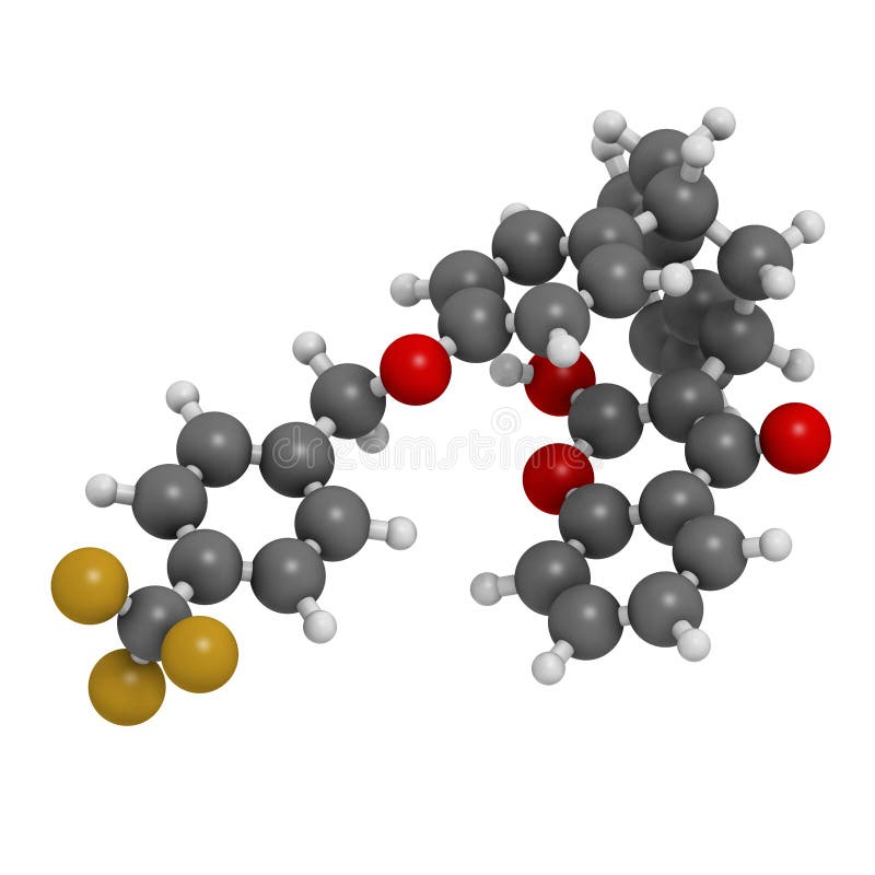 Flocoumafen rodenticide molecule (vitamin K antagonist). 3D rendering. Atoms are represented as spheres with conventional color stock illustration