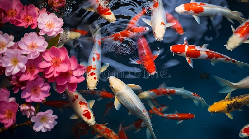 Floddamm, dekorativ orange undervattensfisk nishikigoi. aquarium koi asian japanese wildlife colorour liggande royaltyfri illustrationer