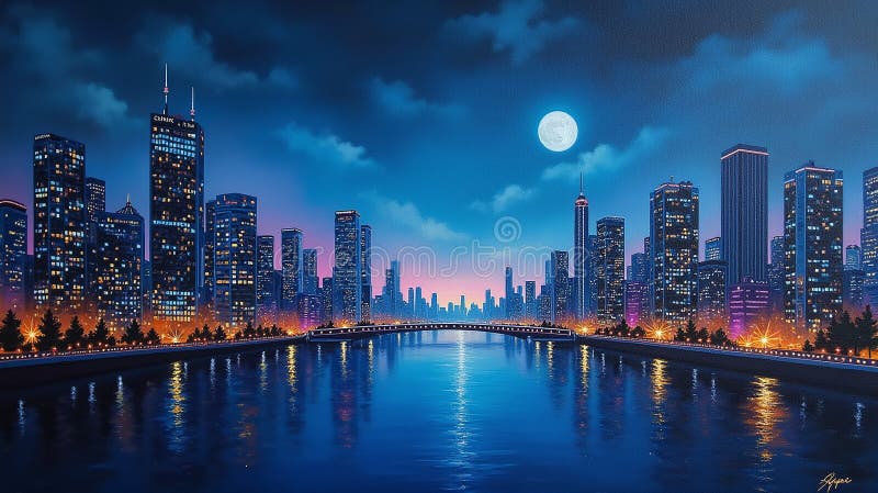 Floden Dreams : En nattlig Cityscape Symphony stock illustrationer