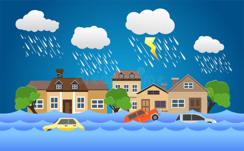 Flood Disaster, Flooding Water in City Street. Stock Vector