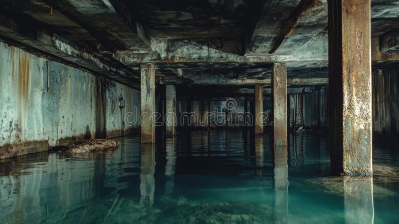 Flooded Basement of Abandoned Building: Dark Teal Water Reflects Decaying Structure stock illustration