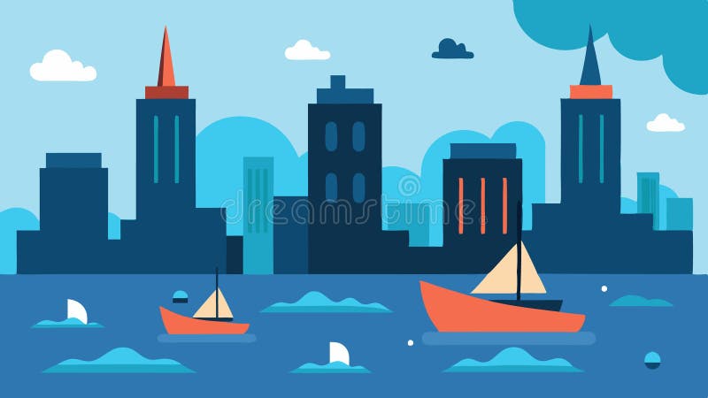 Flooded City An prezentuje miejską wieżowiec częściowo zanurzony w wodzie z łodziami pływającymi ulicami i gruzami obrazy stock