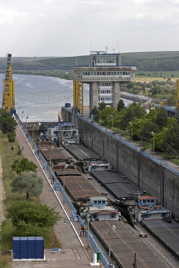 Barges in floodgates on Danube