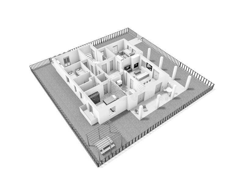 House Plan 3d. Floor Plan 3d. Interior 3d. Black White 3d Plan. Stock
