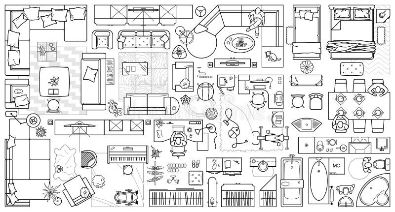 Floor plan icons set for design interior and architectural project view from above. Furniture icon in top view. Vector