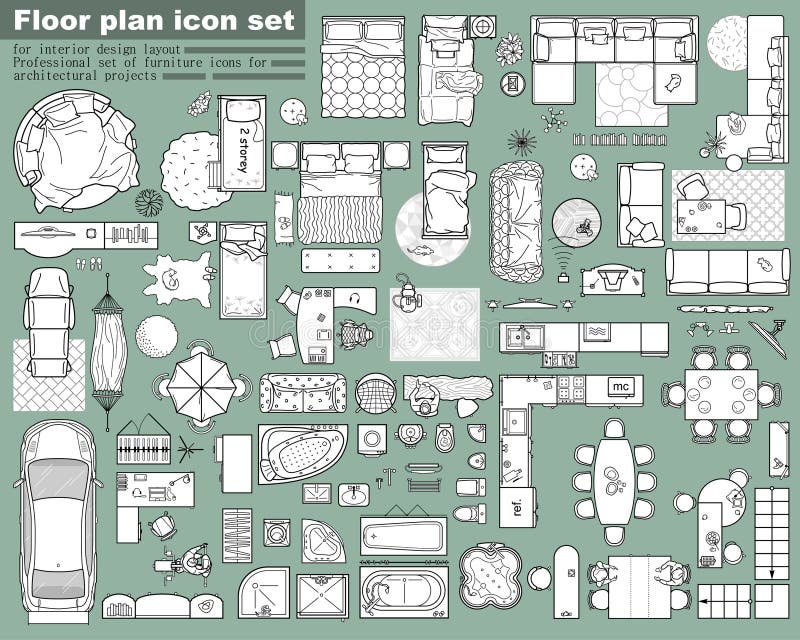Floor Plan Icons Set for Design Interior. Furniture Icon in Top View