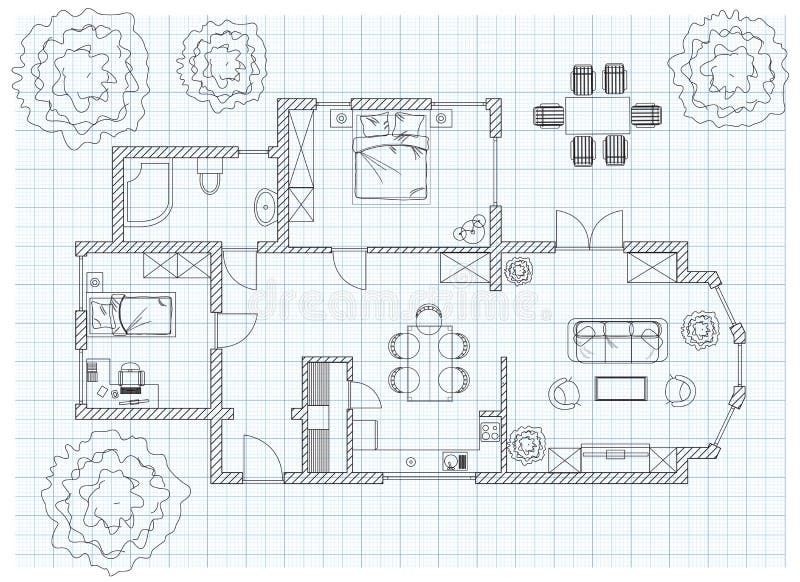 Black and White Floor Plan Sketch of a House. Stock Vector