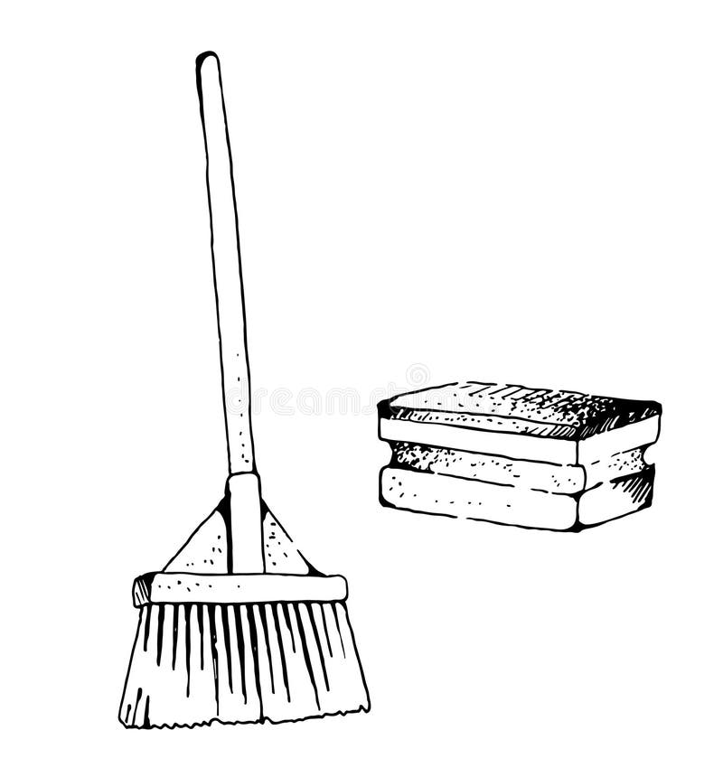Floor Plastic Broom and Sponge, Hand Drawn Vector Illustration of