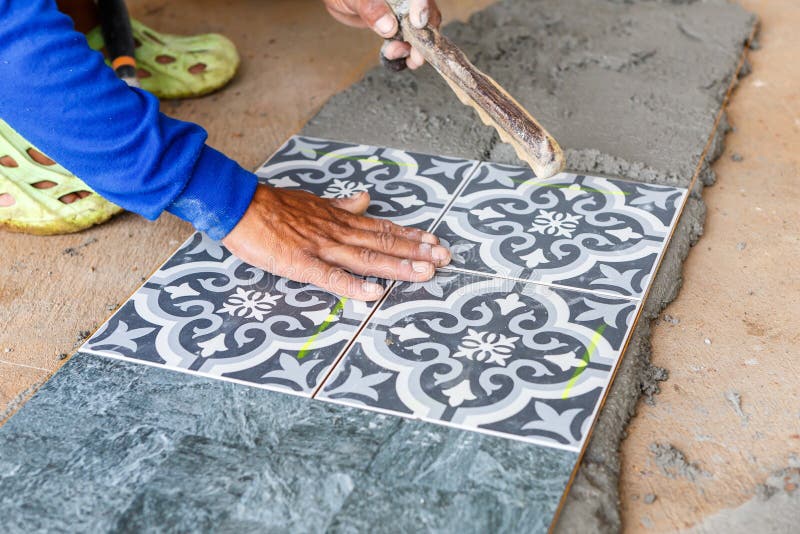Floor Tile Installation for House Building Stock Image Image of