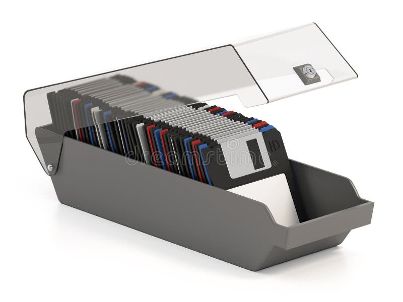 Floppy disk box with colorful 3. 5 inch diskettes. 3D illustration stock illustration
