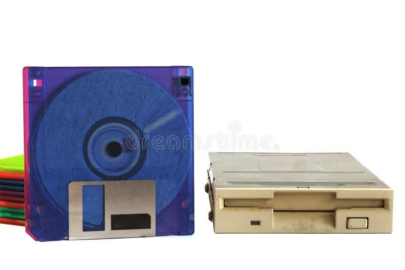 Floppy Disk Drive and Diskettes on White Background Stock Image Image of colorful, device