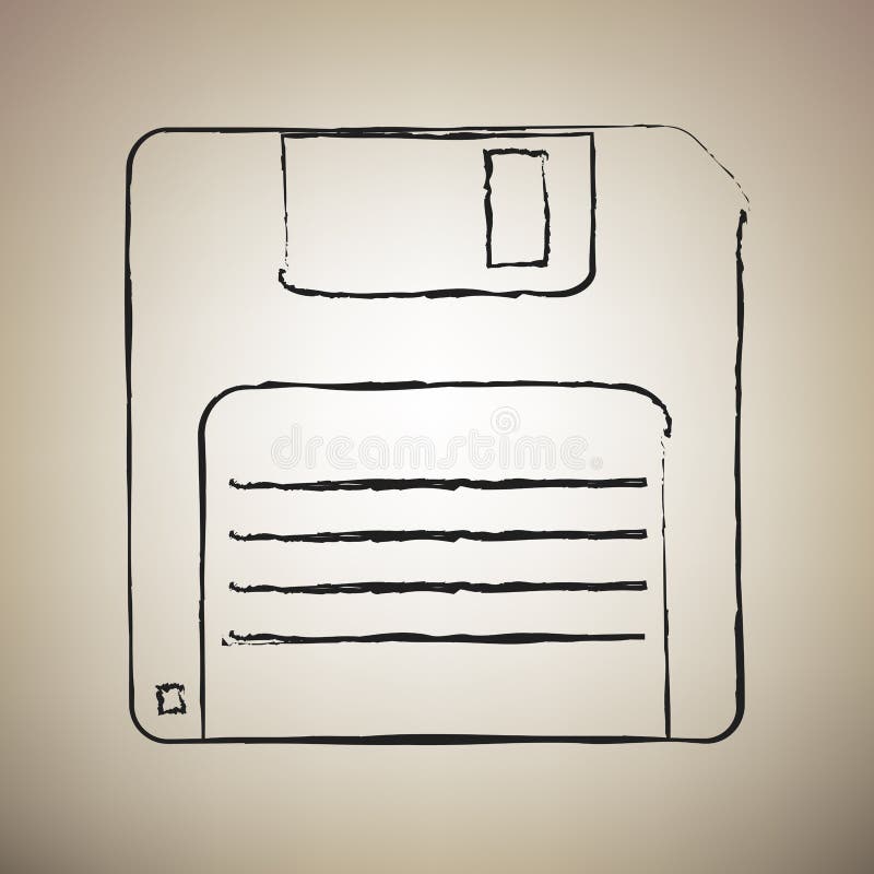 Floppy disk sign. Vector. Brush drawed black icon at light brown vector illustration