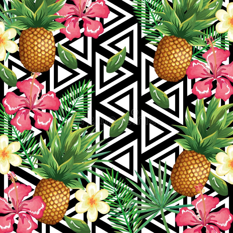 A flor e o abacaxi tropicais com o computador de secretária abstrato do fundo isolaram o ícone ilustração stock A flor e o abacaxi tropicais com o computador de secretária abstrato do fundo isolaram o ícone ilustração stock