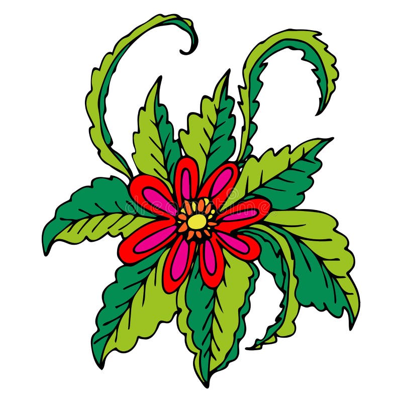 Flor exhausta de la fantasía de la mano roja con las hojas rizadas verdes aisladas libre illustration Flor exhausta de la fantasía de la mano roja con las hojas rizadas verdes aisladas libre illustration