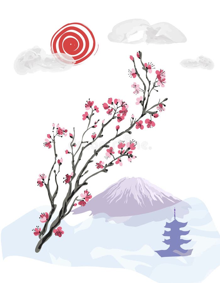Flor realística de sakura Ilustração do vetor Paisagem no fundo de Monte Fuji ilustração royalty free Flor realística de sakura Ilustração do vetor Paisagem no fundo de Monte Fuji ilustração royalty free