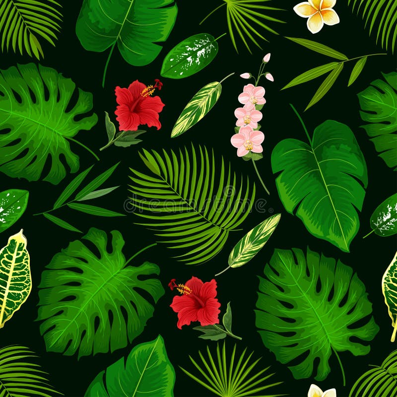 Flor tropical y modelo inconsútil de hoja de palma ilustración del vector Flor tropical y modelo inconsútil de hoja de palma ilustración del vector