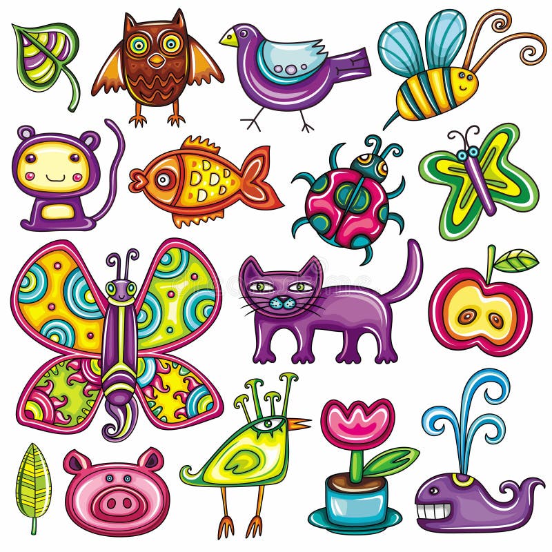 Flora y conjunto de la fauna ilustración del vector Flora y conjunto de la fauna ilustración del vector