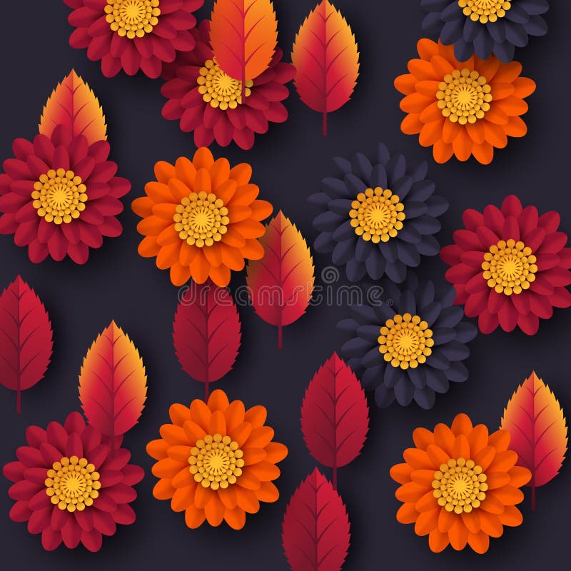 Floral autumn background with 3d paper cut style flowers and leaves. Yellow, orange, purple colors, vector illustration. vector illustration Floral autumn background with 3d paper cut style flowers and leaves. Yellow, orange, purple colors, vector illustration. vector illustration