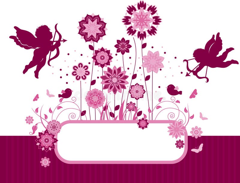 Floral background with birds and cupid.