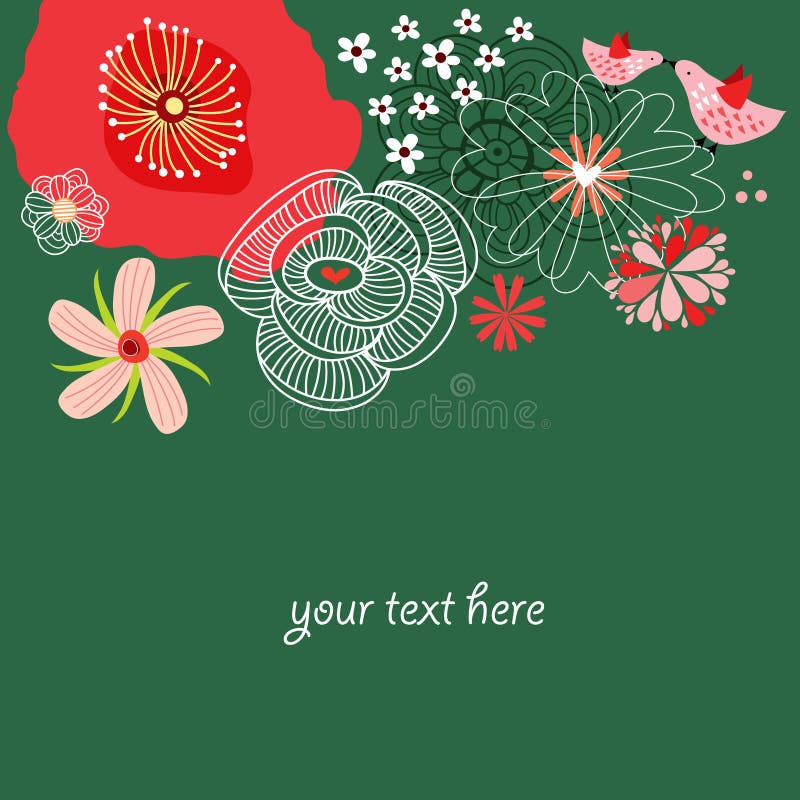 Floral background with cartoon birds in love