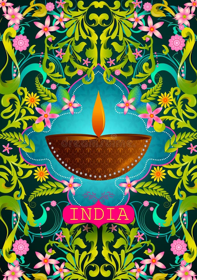 Floral background with Diwali Diya showing Incredible India stock illustration