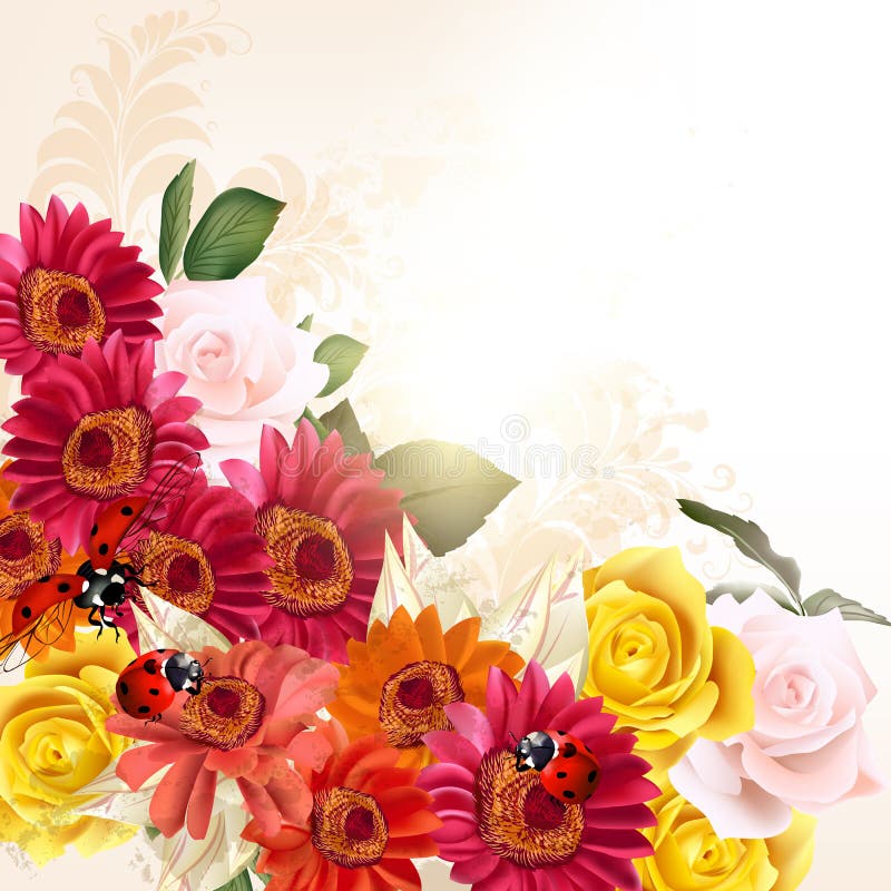 Floral background with herbier flowers and roses