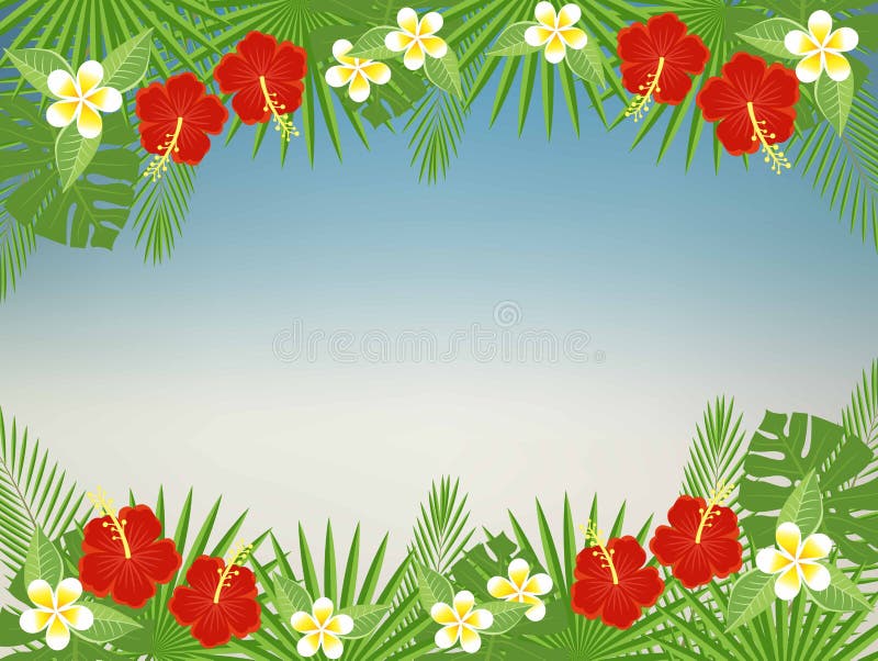 Floral background with space for text. Tropical flowers and leaves - hibiscus, palm tree, Monstera, plumeria.