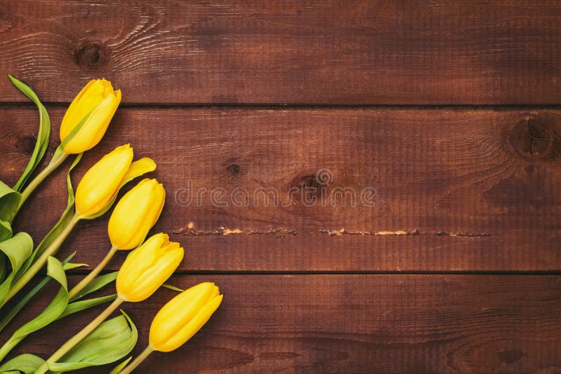 Floral Background with Yellow Tulips Over Rustic Wood Stock Photo - Image  of beauty, romantic: 86742970
