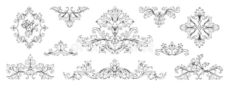 Floral baroque ornaments. Vintage Victorian frame decorative elements, swirl heraldic engraved with leaves and flowers