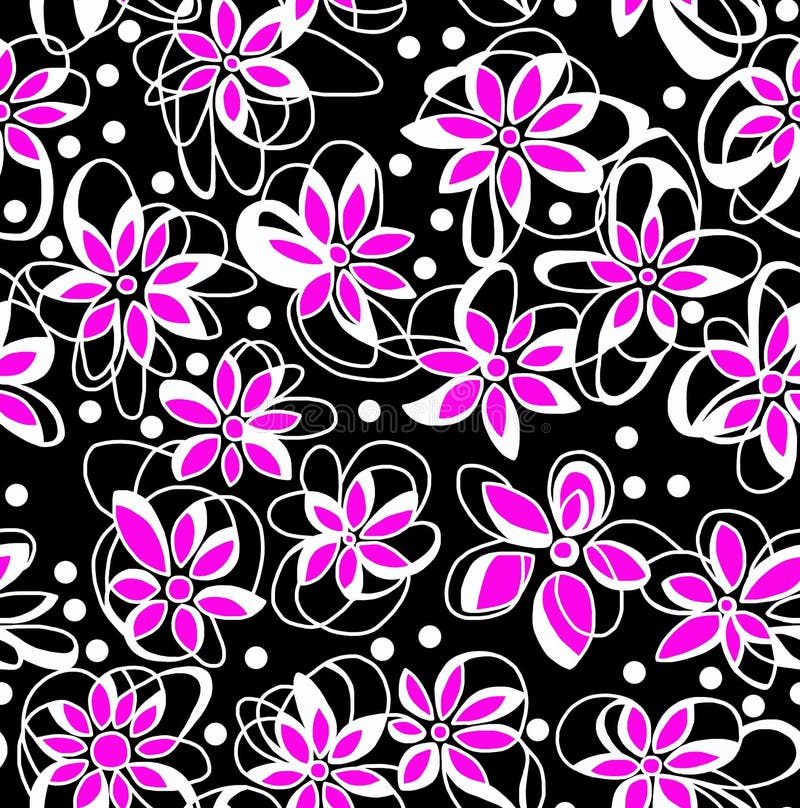 Floral Black and White Pattern on a Black Background with Pink Petals