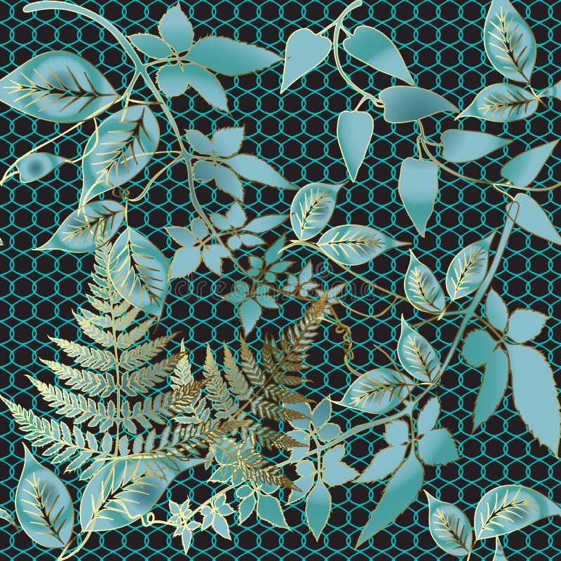 Floral blue vector seamless pattern. Ornate leafy lace background. Ornamental repeat grid backdrop. Ferns. Branches and leaves stock illustration Floral blue vector seamless pattern. Ornate leafy lace background. Ornamental repeat grid backdrop. Ferns. Branches and leaves stock illustration