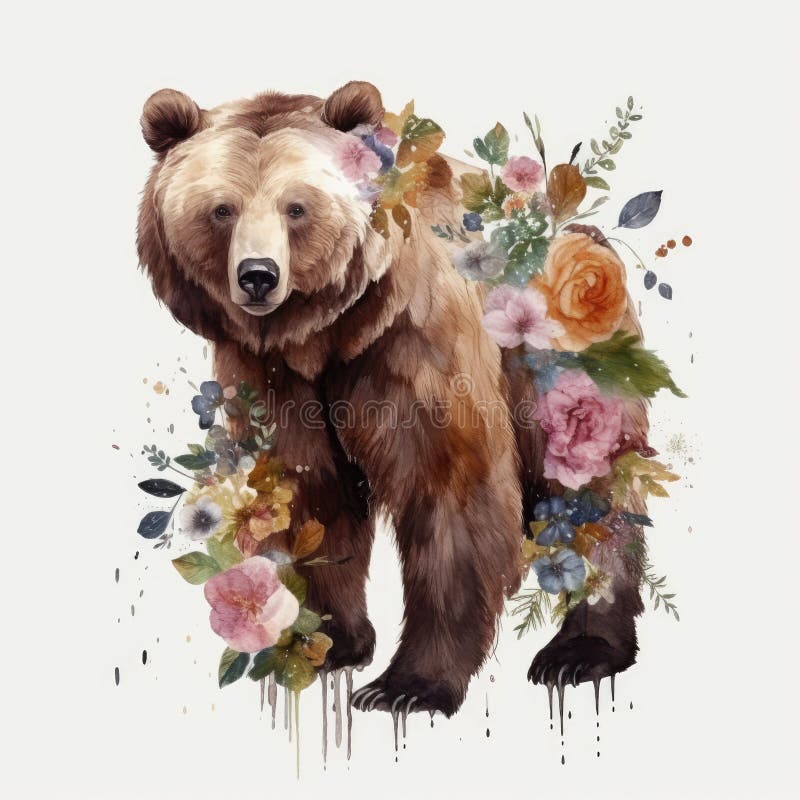 Floral Brown Bear in Full Body on White Background for Invitations and ...