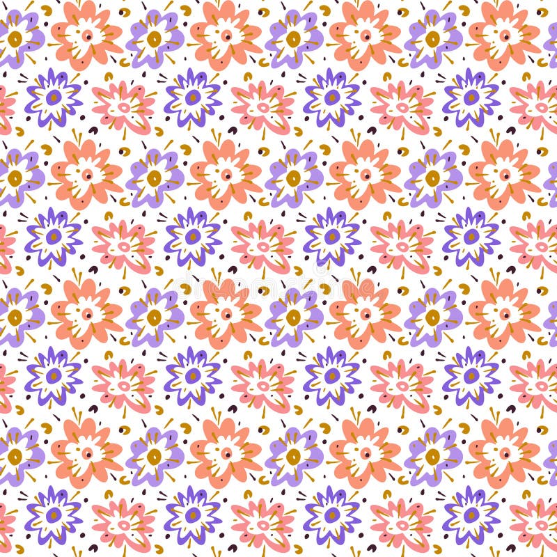 Floral childish seamless patterns, set of 2 cute layouts, doodle cartoon baby style, hand drawn brush stroke graph